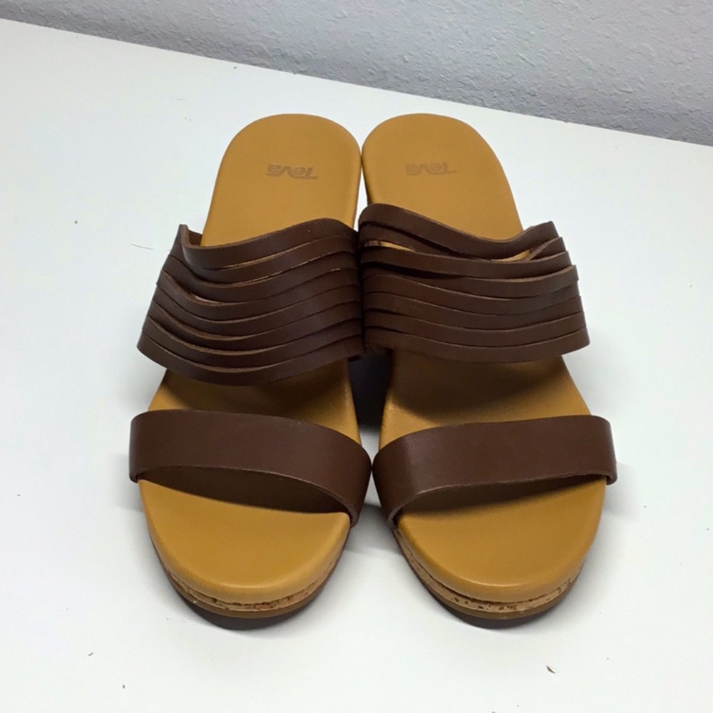 Tera Arabella Brown and Tan leather slide slip-on wedges